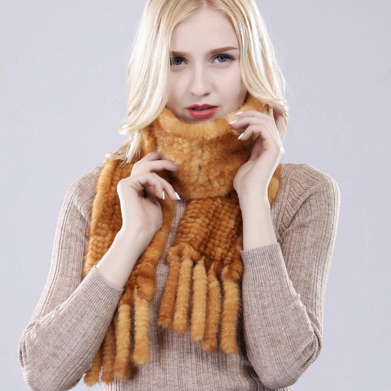 Women Hand Knitted Real Mink Fur Scarf Natural Warm Mink Fur Muffler Russia Lady Quality Tassel Genuine Mink Fur Scarves
