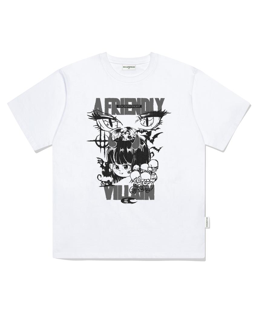 ESCAPEFROM Mono Friendly Villain Print Oversized Short Sleeve T-Shirt White