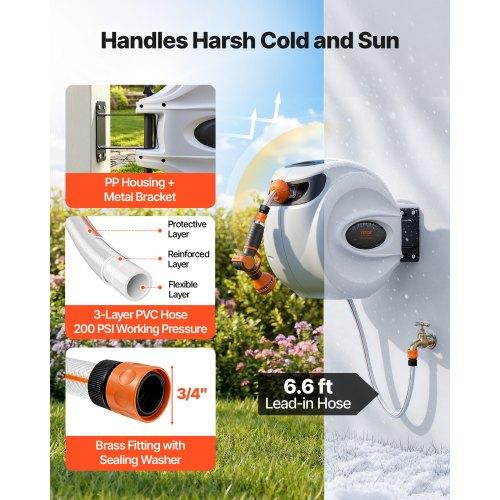 VEVOR Retractable Garden Hose Reel, 1/2" x 131.23 ft Wall Mounted Hose Reel, Heavy Duty Garden Hose Reel with 9 Patterns Nozzle, Any Length Lock