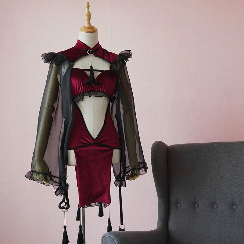 Retro Red Velvet Dark Magic Battle Suit Female Improved Cheongsam Sexy Hollow Back Strap Dress Witch Sexy Cosplay Game Costume