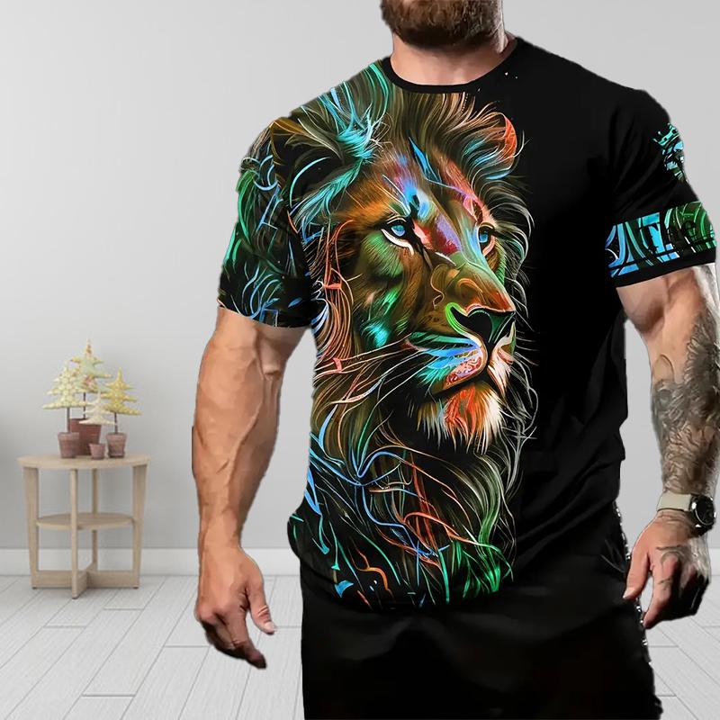 New Summer Men's Fashion T-shirt Personality Big Lion Printed Men's T-shirt Top