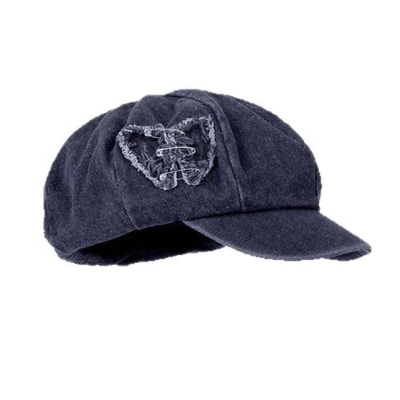 Niche Design Retro Old Edged Love Denim Beret Women's Face Showing Little Painter Octagonal Hat Newspaper Boy Hat