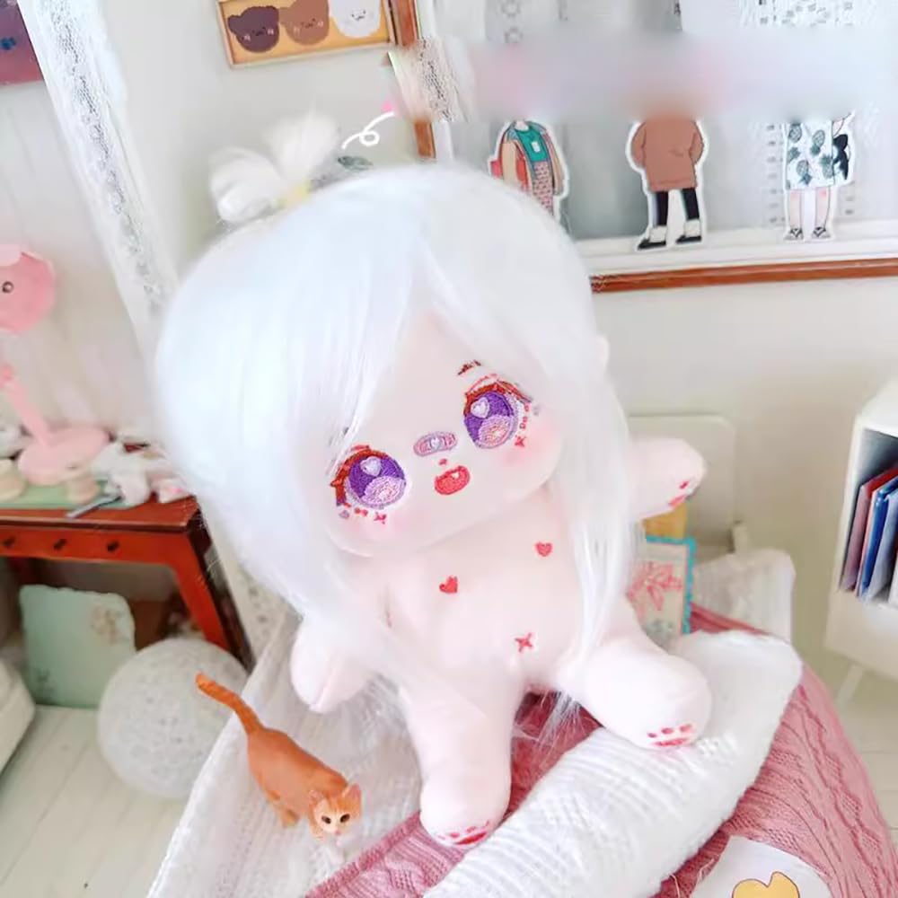 Niannyyhouse 20cm Plush Girl White with Fried Hair and Black No Regular Cotton Skeletons Hair, Attributes, Body, Doll, Dress-Up (10 Included)