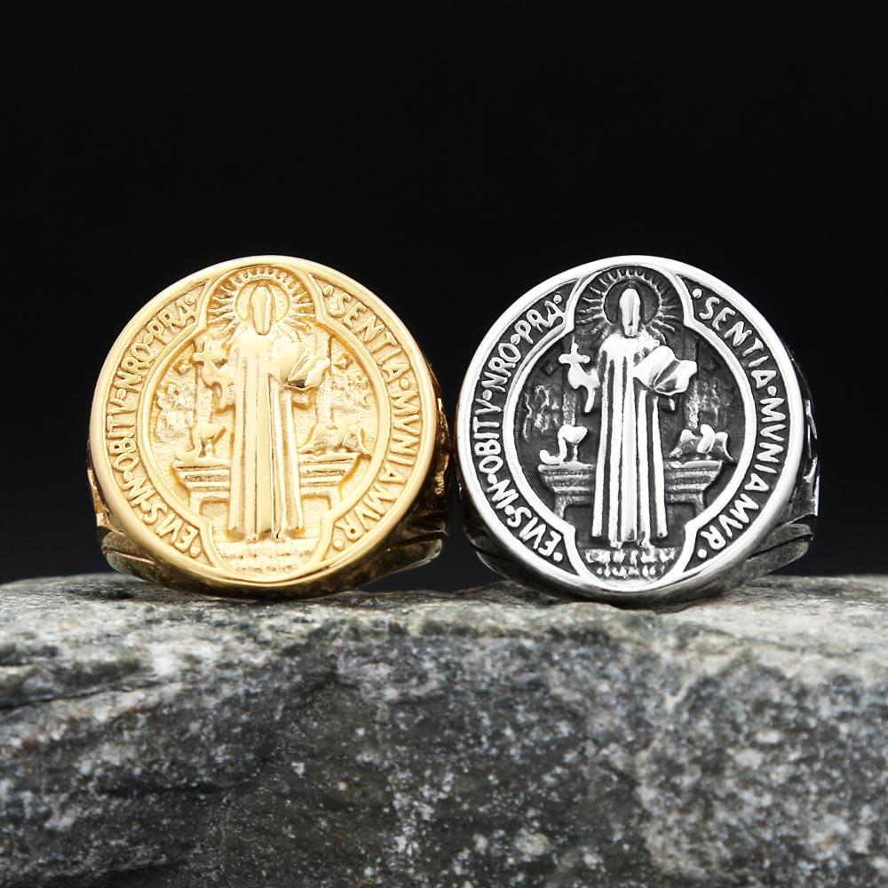 Vintage 316L Roestvrij Staal Sint Benedictus Ringen Voor Mannen Vrouwen Mode Religieus Kruis Beschermende Sieraden Cadeaus
