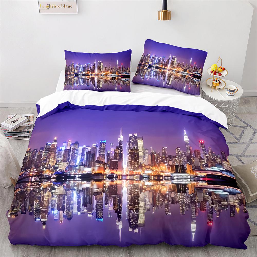American City Landscape Duvet Cover Set Statue of Liberty Pattern King Queen Size Comforter Cover for Teen Polyester Bedding Set