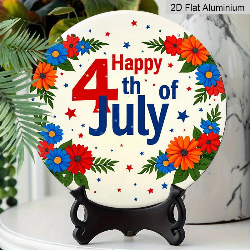 2D Flat, 1pc Round "Happy 4th of July" Aluminum Hanging Sign, Floral Patriotic Star Letter Design, Rustic Metal Wall Decor, Perfect for Independence