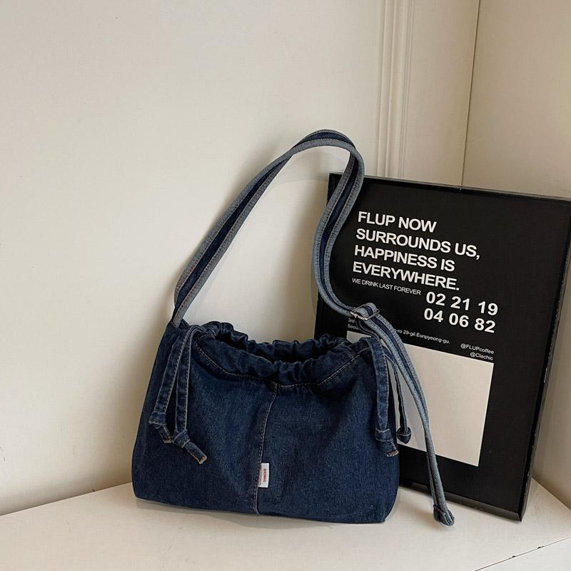 Vintage Denim Schultertasche Damen Kordelzug Bucket Bag Pendler Crossbody Bag