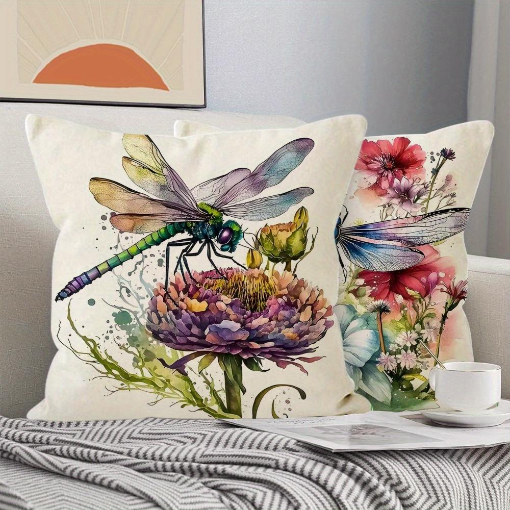 Ethereal Insect Art Throw Pillow Covers, Gradient Dragonfly & Floral Print Cushion Cases, Calming Minimalist Aesthetic Decor