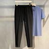 Men Suit Pants Drawstring Elastic Waist Straight Leg Solid Color Loose Formal Business Style Office Wear Trousers Ninth Pants