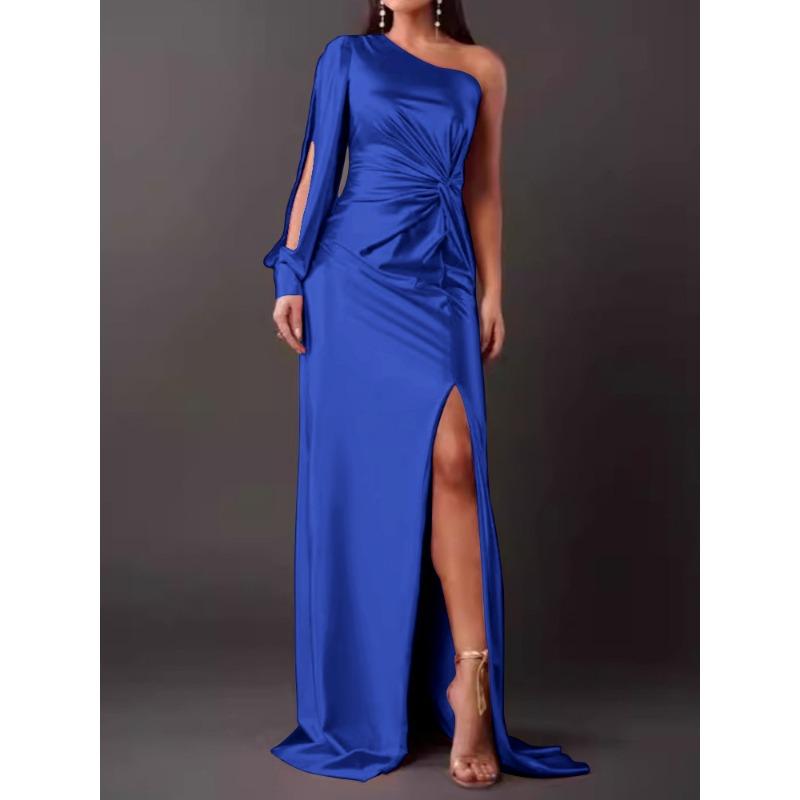 Summer New Women's Clothing Diagonal Collar Shoulder Sleeve Pleated Waist Split Sexy Dress