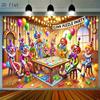 2D Flat Print Clown Puzzle Party Backdrop Colorful Circus Clowns Photography Background