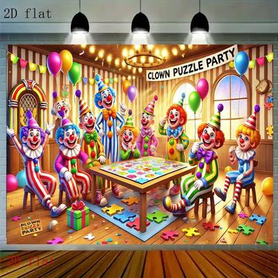 2D Flat Print Clown Puzzle Party Backdrop Colorful Circus Clowns Photography Background