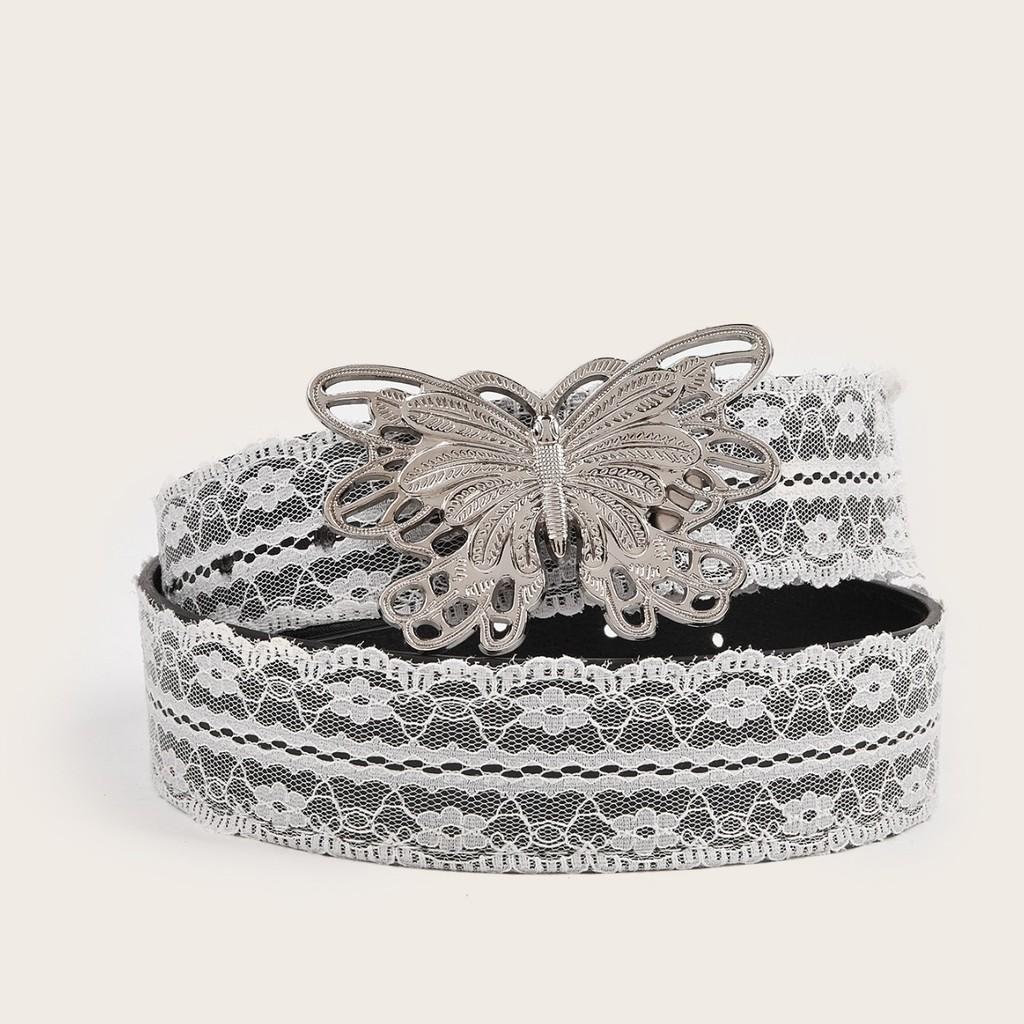 Silver Fashionable Butterfly Buckle Decor Women Casual White Lace Belt Waist