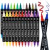 24 Colors Dual Tip Acrylic Paint Markers Pen Set with Brush Tip & Fine Tip Acrylic Marker Pens for Rock Wood Glass Fabric Canvas Paper Art Supplies