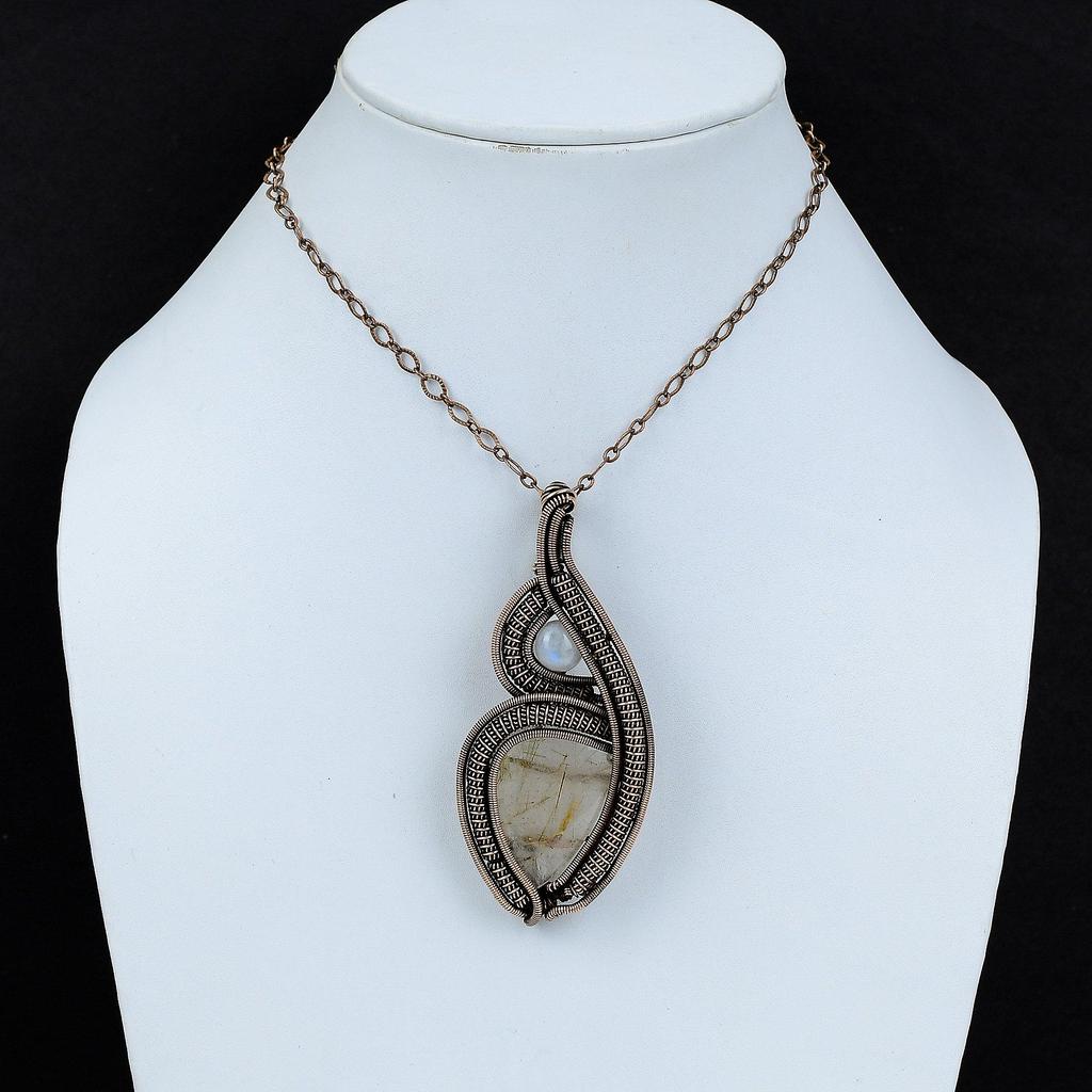 Golden Rutile Pendant Copper Wire Wrapped Gemstone Pendant Handmade Wire Wrap Jewelry Rainbow Moonstone Pendant Gift For Her Copper Jewelry