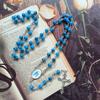 Vintage Glass Sapphires Blue Bead Necklace Religious Cross Pendant Rosary Necklace Christian Prayer Jewelry Baptism Gift