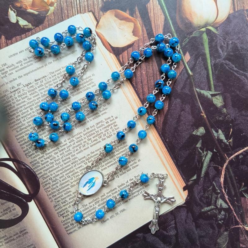Vintage Glass Sapphires Blue Bead Necklace Religious Cross Pendant Rosary Necklace Christian Prayer Jewelry Baptism Gift