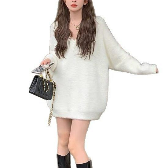 2025 Women's Mid-Length Faux Mink Sweater - Soft, Loose, Long Sleeve, Lazy Style for Autumn and Winter