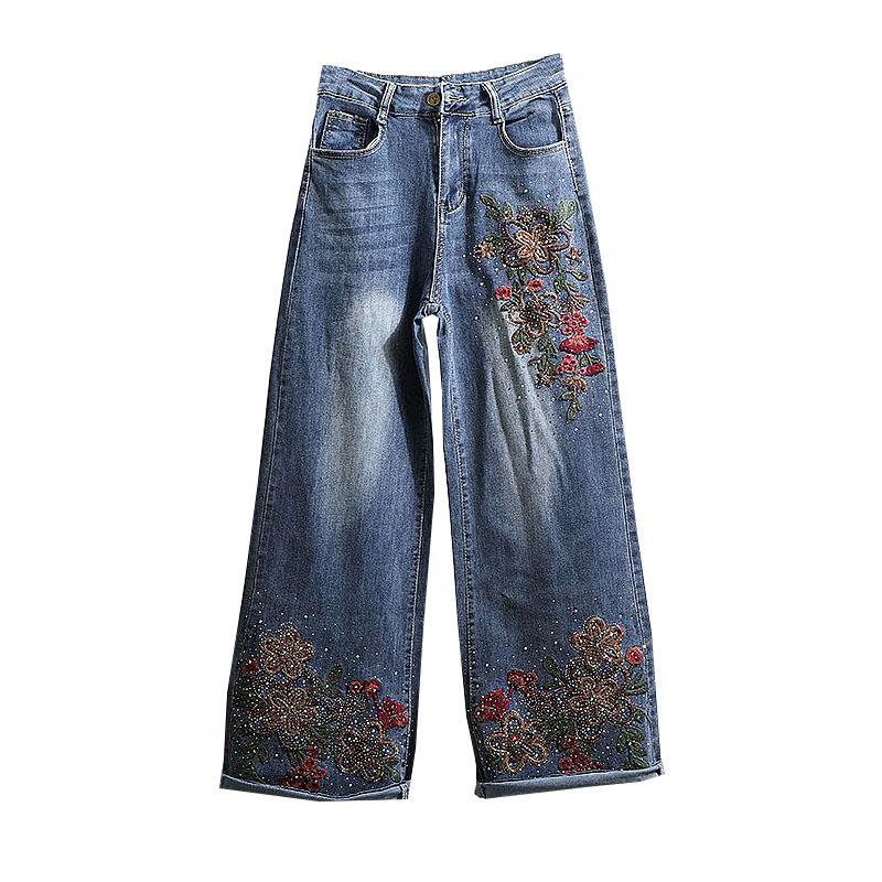 Autumn new heavy industry embroidered denim wide-leg pants slim and thin elastic denim trousers women s flower beads S синий