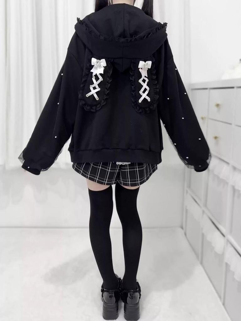 ZYOOFOV Long Sleeve Hoodie with Open Rabbit and Cute Plus Princess Gothic Harajuku Women's Front, Ears, Lace, Ruffles, Ribbon, Bow, Zip-Up Top, Sizes,