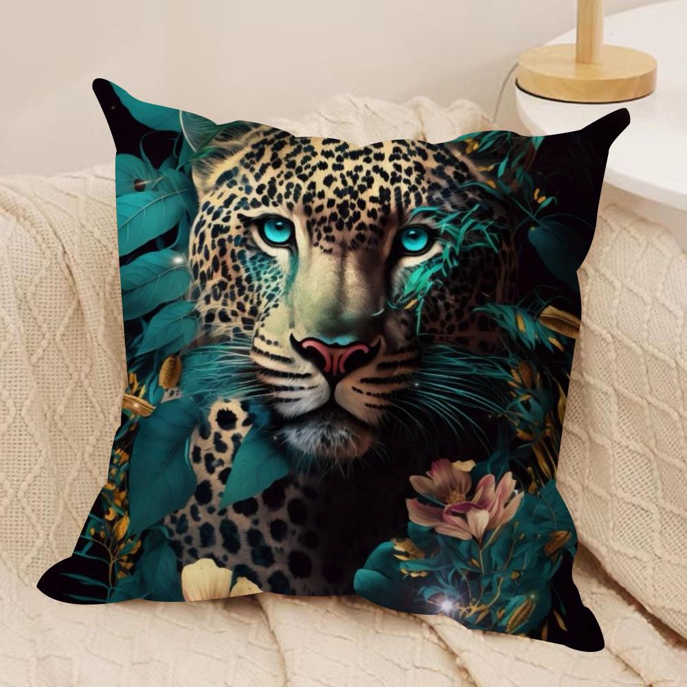Uropean Fashion Leopard With Wreath Animal Portrait Cushion Cover Soft Plush Throw Pillow Cover  Cushion Case  Sofa Home Decor