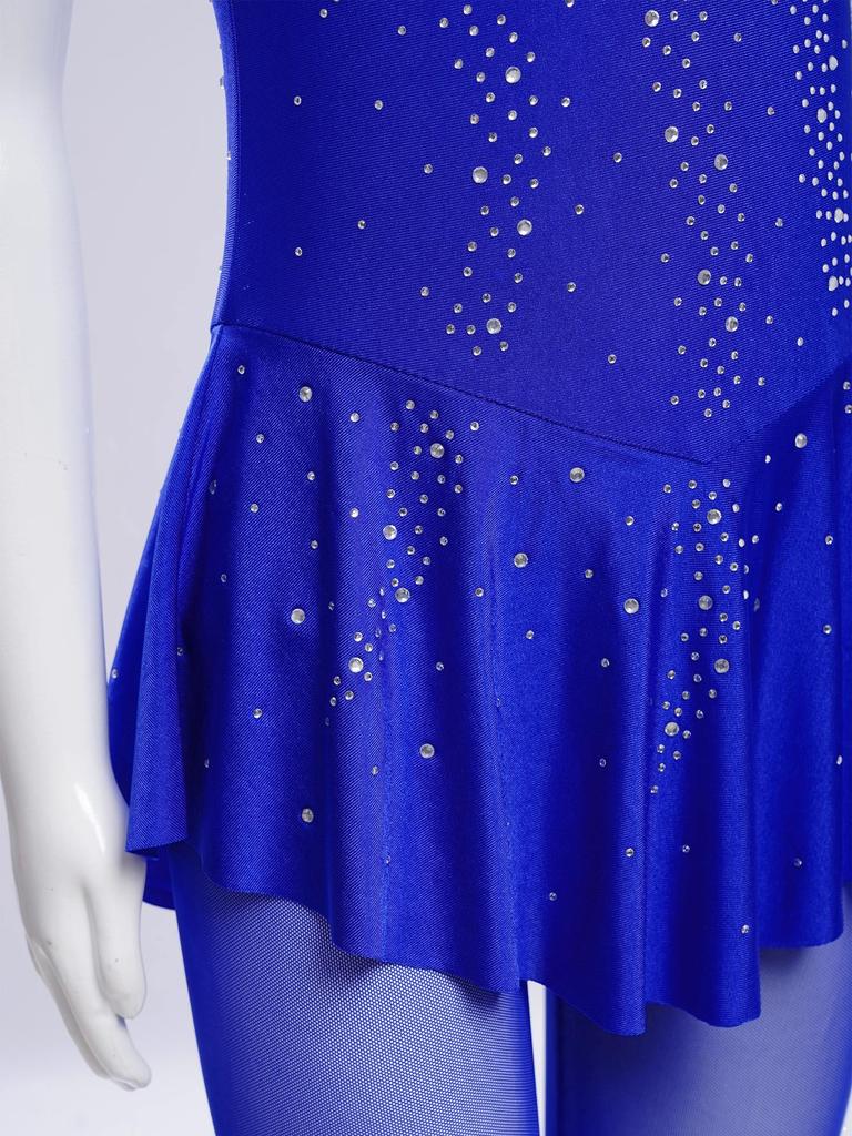 Girls Gymnastics Jumpsuit Shiny Rhinestones Sleeveless Keyhole Back Full Length Skirted Bodysuit