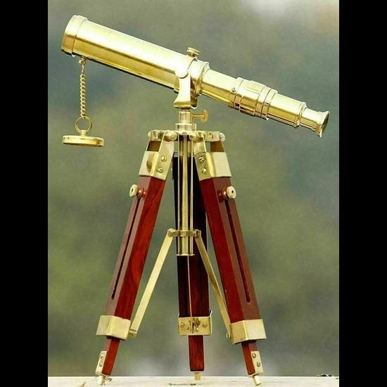 Maritime Nautical Polished Telescope With Wooden Tripod Stand Desk Decor