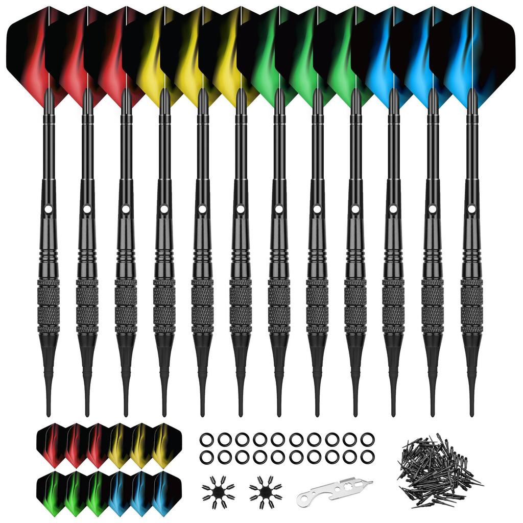 WAYARRIVAL Soft Dart Set 19g x 12 Compatible with electronic dartboards Includes 24 flights 100 plastic tips Premium aluminum shaft flight protector