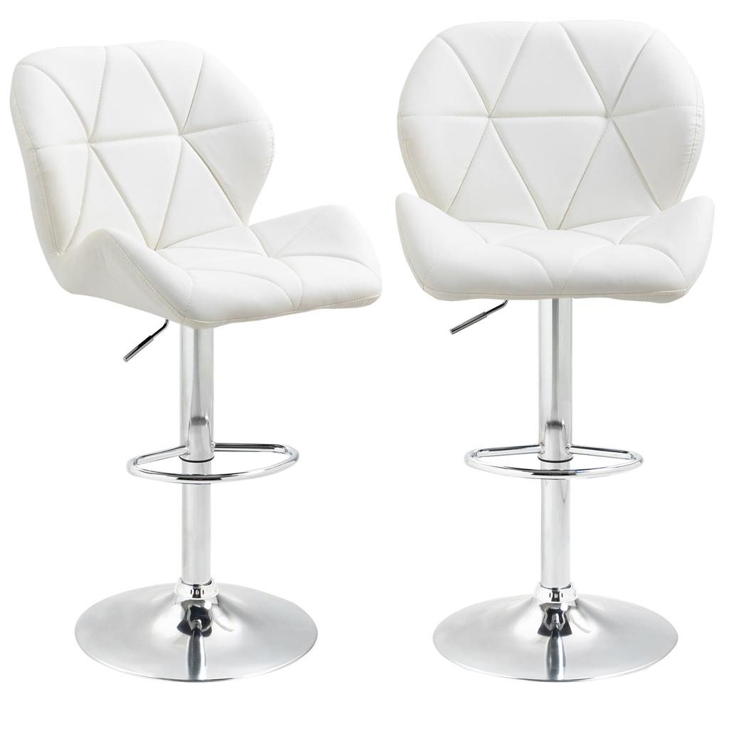 Set of 2 Bar Stools with Adjustable Height, Metal Base and PU Leather Seat, Kitchen Stools with Backrest and Footrest, 51.5x57.5x93-114.5cm, White