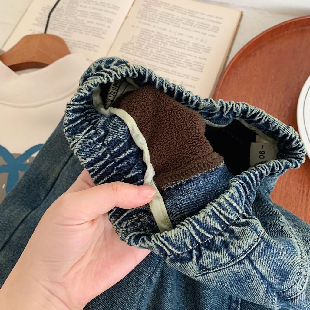 Children's Jeans 2024 Winter New Boys' Korean Style Simple All-match Baby Fleece-lined Trousers