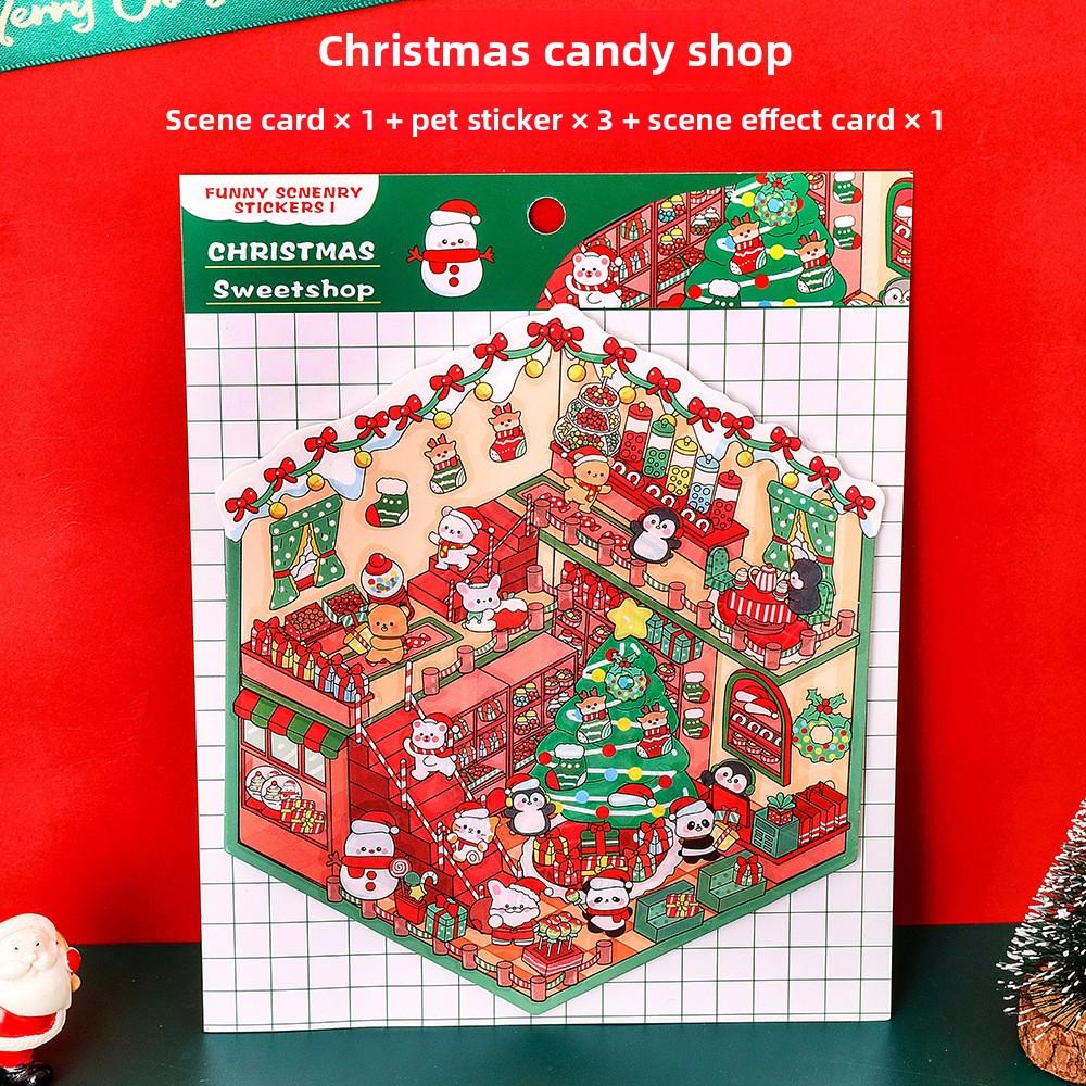 Urocze naklejki ze sceną świąteczną, trójwymiarowe miniaturowe naklejki dekoracyjne ze sceną, materiały do planowania świątecznego z kreskówkami, prezenty