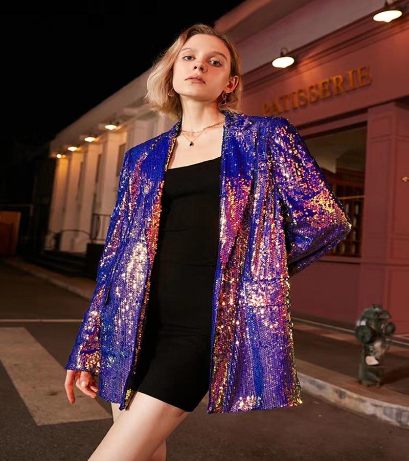 

Women s Multicolor Velvet Sequin Color-Changing Slim Fit Long Blazer Jacket Medium
