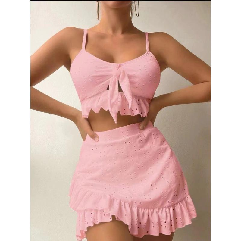 Women's Solid Black Eyelet Lace Ruffle Hem 2 Piece Bikini Set with Skirt
