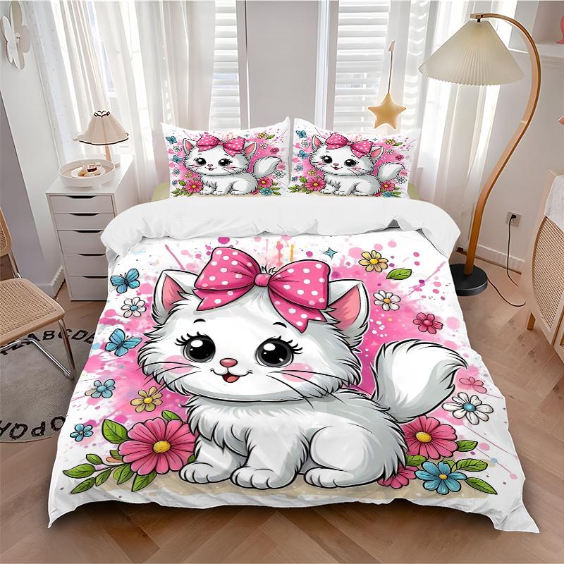 3-teiliges Kätzchen mit Schleife Bettwäsche-Set - Weich und Gemütlich für Schlafzimmer, Gästezimmer und Wohnheim Dekorative Bettwäsche 3-teiliges Set 1 Bettbezug + 2 Kissenbezüge