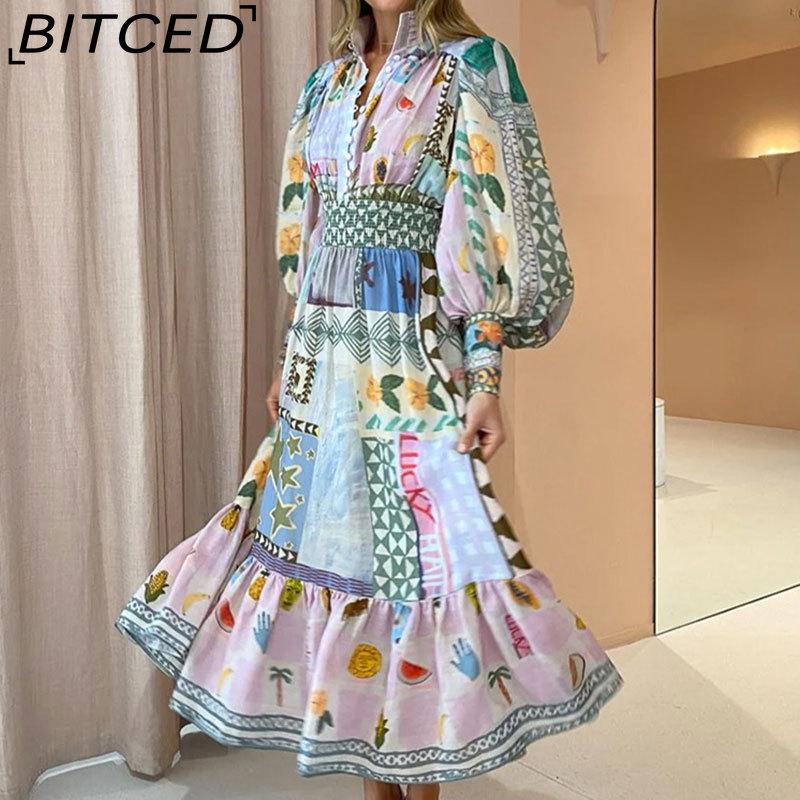 BITCED Women's Spring Elegant Commuter Print Lantern Sleeve Waist-cinched Full-skirted Dress