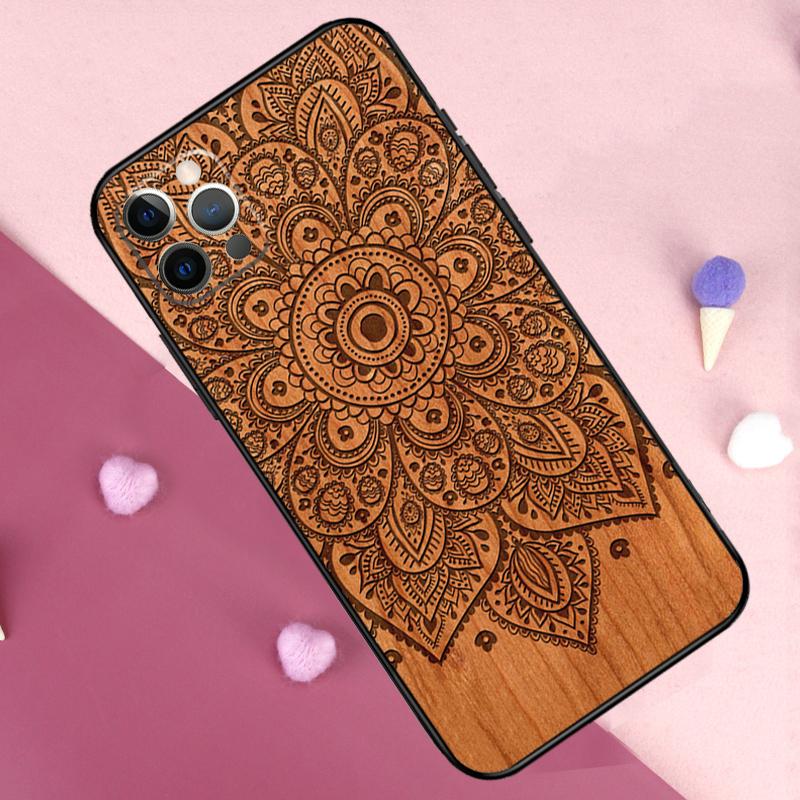Mandala Floral Wood Phone Case For iPhone 17 Pro Max 11 14 15 16 Pro Max Plus 13 12 Mini 16e 17 Air Back Cover