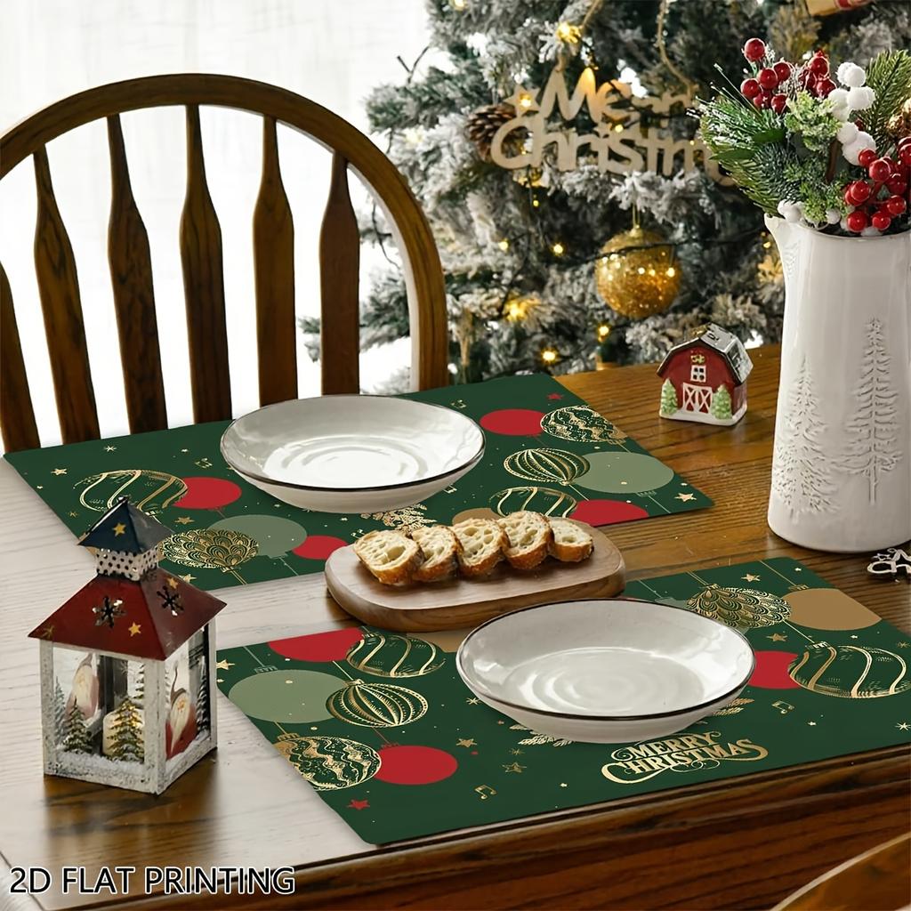 4pcs/6pcs Table Mats Suitable for Kitchen Dining Table, Rectangular Xmas Decor with Golden Table Protectors, Hand Washable Holiday Placemats for Chris