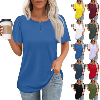 Women's Fashionable Casual Short Sleeve Button Print Round Neck Pullover Top