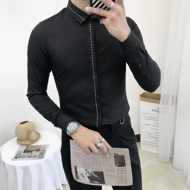 Smart Casual Spring Autumn Men Clothing Shirts Lapel Line Single Breasted Korean Fashion Trend Business Slim Long Sleeve Tops
