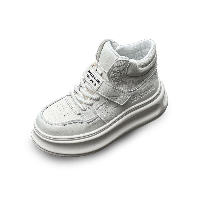 Women's High-Top Genuine Leather Velcro Sneakers with Thick Soles - Height-Enhancing Casual Sports Shoes for Spring & Autumn 2025