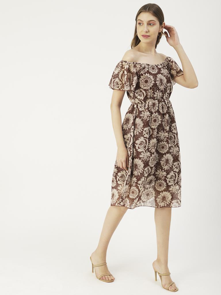 Moomaya Printed Off-Shoulder Poly Georgette Midi Dress Cinched Long Dress