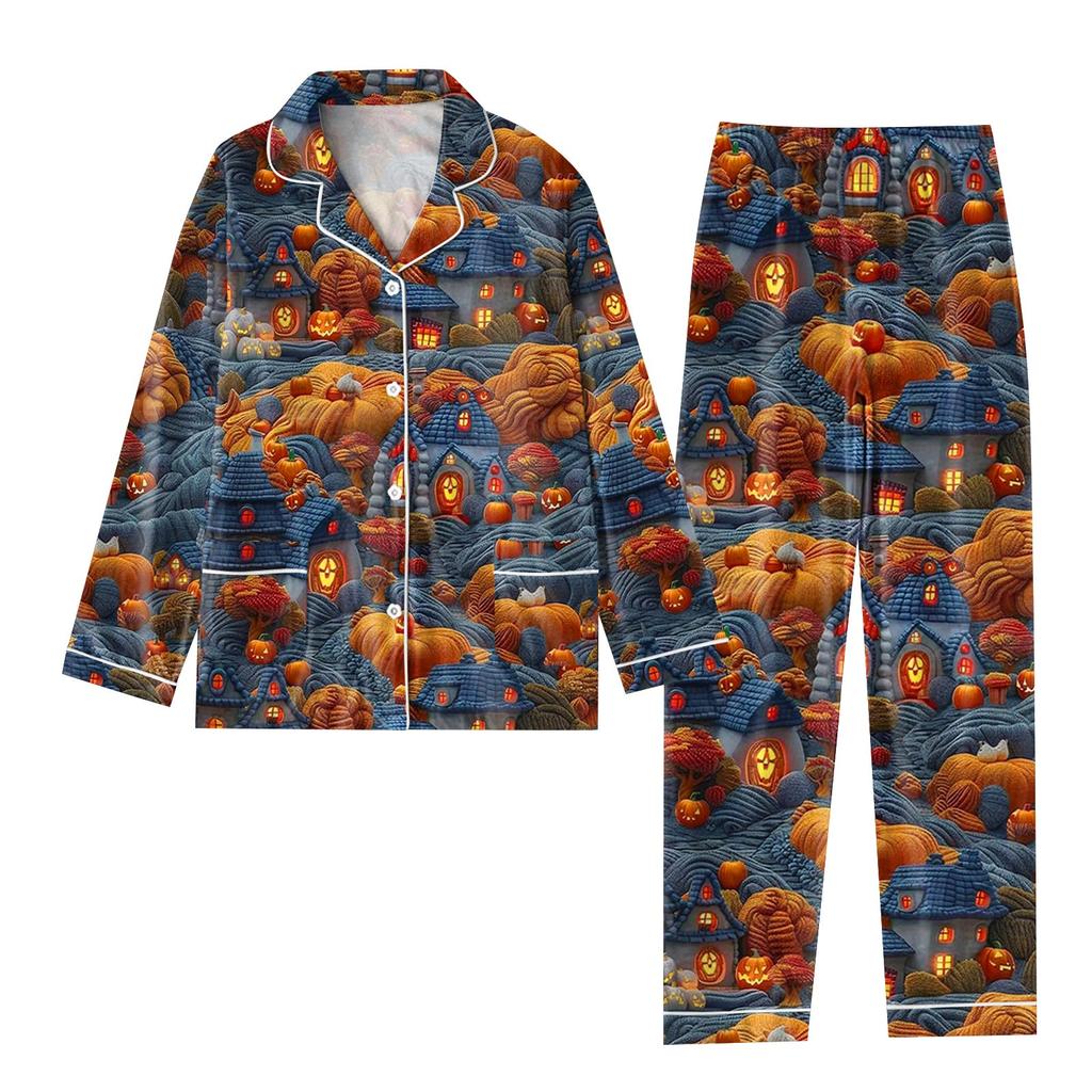 2-teiliger bedruckter Damen-Anzug, langärmelig, Oberteil mit Knopfleiste, weite Hosen, Anzug-Set, Schlafanzug, Home-Casual-Anzug