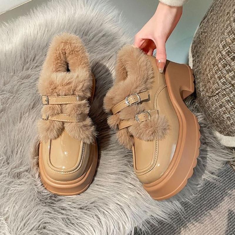 Women's Furry Thick Sole Loafers 2025 Winter Chunky Sole Cotton Lined Warm Shoes Height Increase Fashion Footwear
