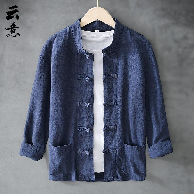 Mens Chinese Style Linen Long Sleeve Casual Shirt Outerwear