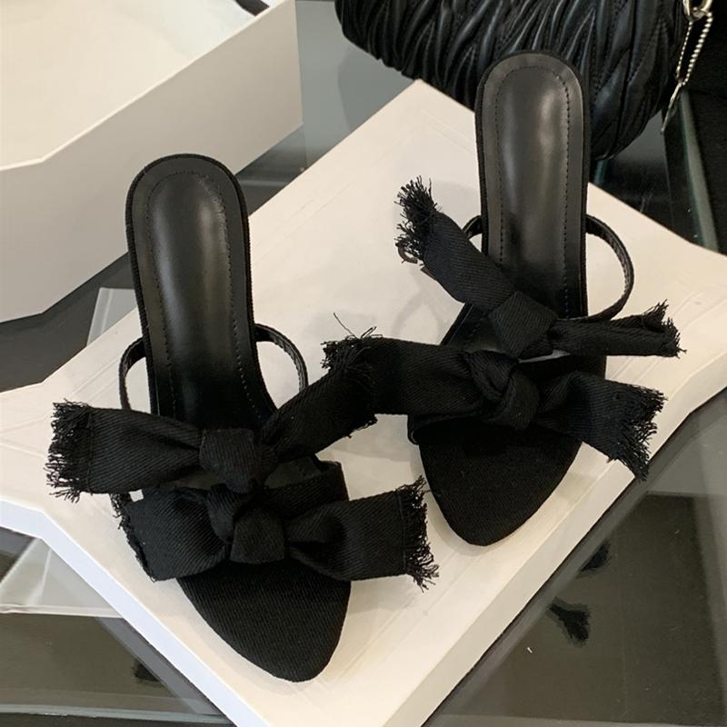 

Модные Liyke Новый Дизайн Плиссированные Завязки Деним Женские Шлепанцы Сандалии Модные Круглый Открытый Носок Мюли Высокий Каблук Летние Вечерние Туфли 35 чёрный