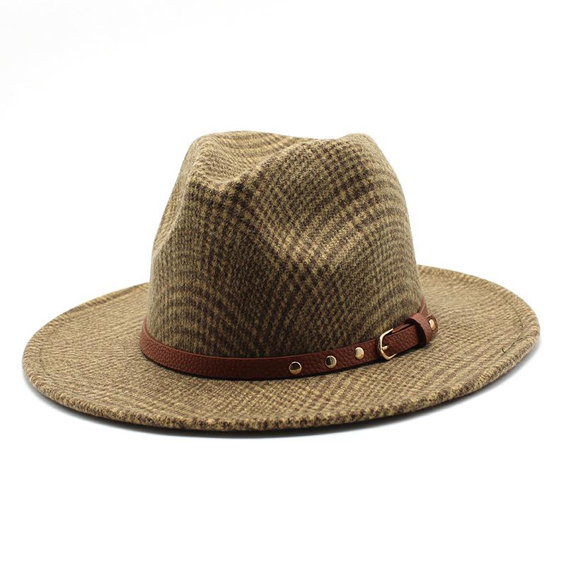Plaid Wool Jazz Top Hat Men And Women Couple Hat Flat Brim Big Eave Hat Felt Hat