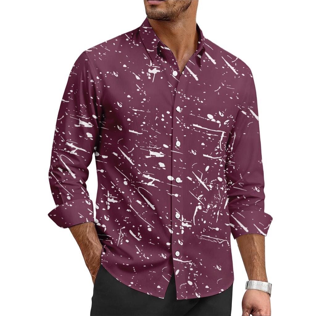 Men's casual stylish ink-blurry texture printed shirt - Men's lapel buttoned long-sleeved top