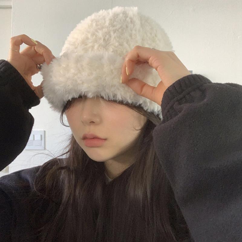 White Plush Hat Female Autumn and Winter Furry Face Small Winter Warm Confinement Wool Fisherman Knitted Cold Hat