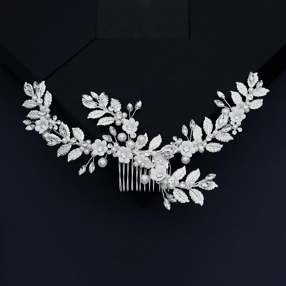 New bridal headdress rhinestone pearl comb metal leaf handmade hair accessories soft pottery flower plate hair comb