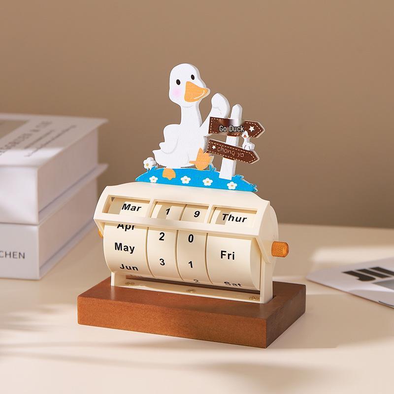Rotating Wooden Perpetual Calendar Ornament for Desk and Home Decor